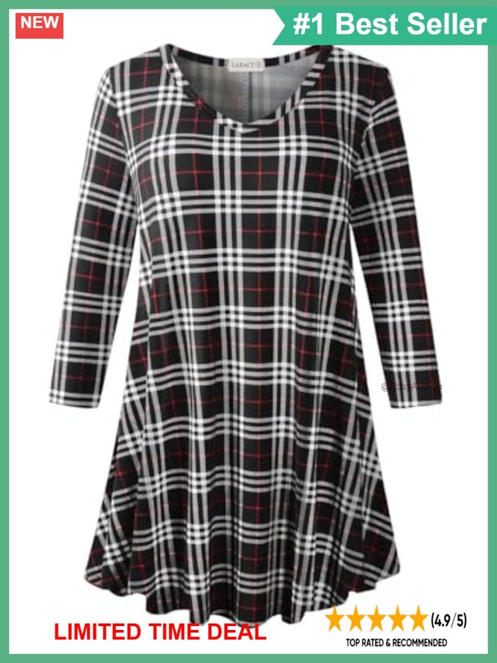 Plus Size Tunic Top 3/4 Sleeve V Neck Plaid Blouse Loose Fit